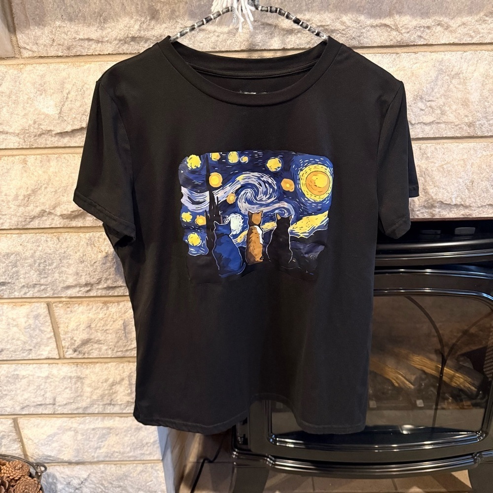 Black Starry Night Cat Graphic T-Shirt Medium Van Gogh